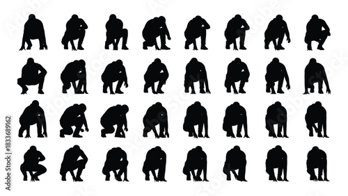 Human squatting and crouching silhouettes isolated on white background, Vector