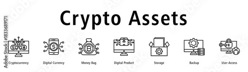 Crypto Assets web banner icon vector illustration with icons of Cryptocurrency, Digital Currency, Money Bag, Digital Product, Storage, Backup and User Access.