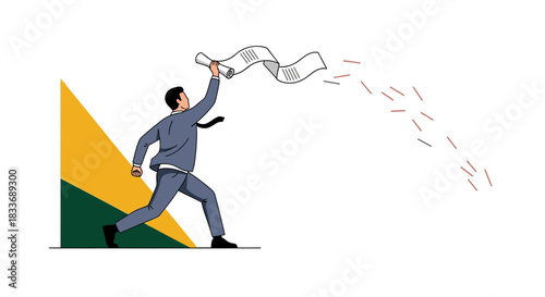 A focused individual in formal attire sprints ahead, letting go of a lengthy paper trail that disintegrates behind him, representing progress and liberation from past constraints.