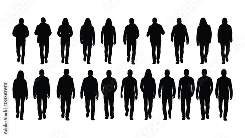Collection of walking people silhouettes isolated on white background, Vector