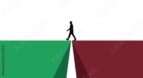 A solitary figure embarks on a crucial journey, carefully stepping across a significant divide between contrasting green and red platforms, symbolizing transition and challenge.