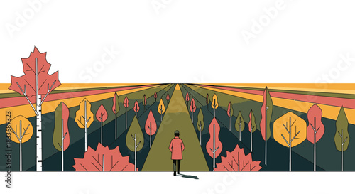 An illustrated figure walks along a long, straight path through a stylized autumn forest, symbolizing a journey or future direction.