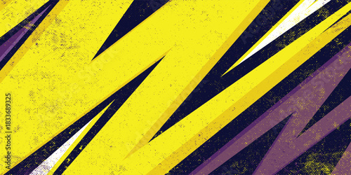 White, purple, and yellow colors with halftones and geometric shapes on a lightning sports background. Modern eps 10.