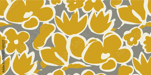Vibrant abstract floral seamless pattern in mustard yellow and grey tones, perfect for modern textile designs, decorative wallpapers, and artistic print concepts