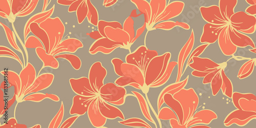 Seamless floral pattern with delicate orange lilies on a muted beige background, elegant botanical illustration