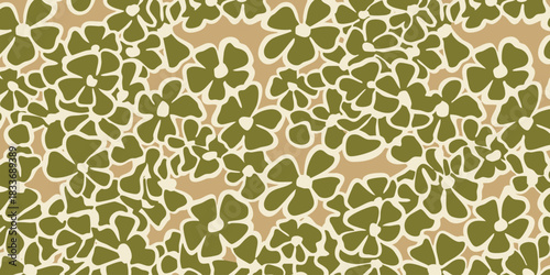 Retro-inspired seamless pattern featuring a dense ditsy floral print of stylized olive green flowers on a light brown background