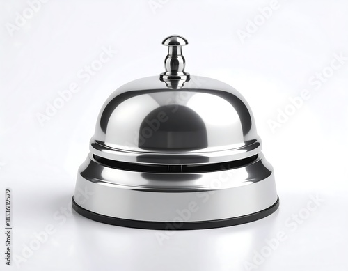 A gleaming, chrome-finished bell rests on a white backdrop. The instrument's smooth surface reflects light, creating highlights. It appears brand new, isolated