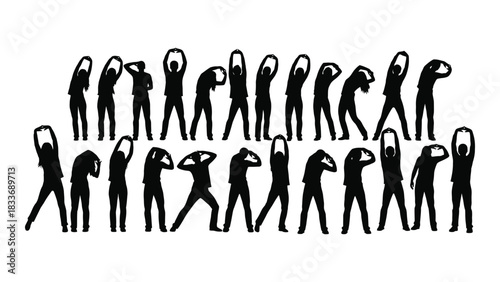 Silhouettes of people stretching and exercising isolated on white background, Vector