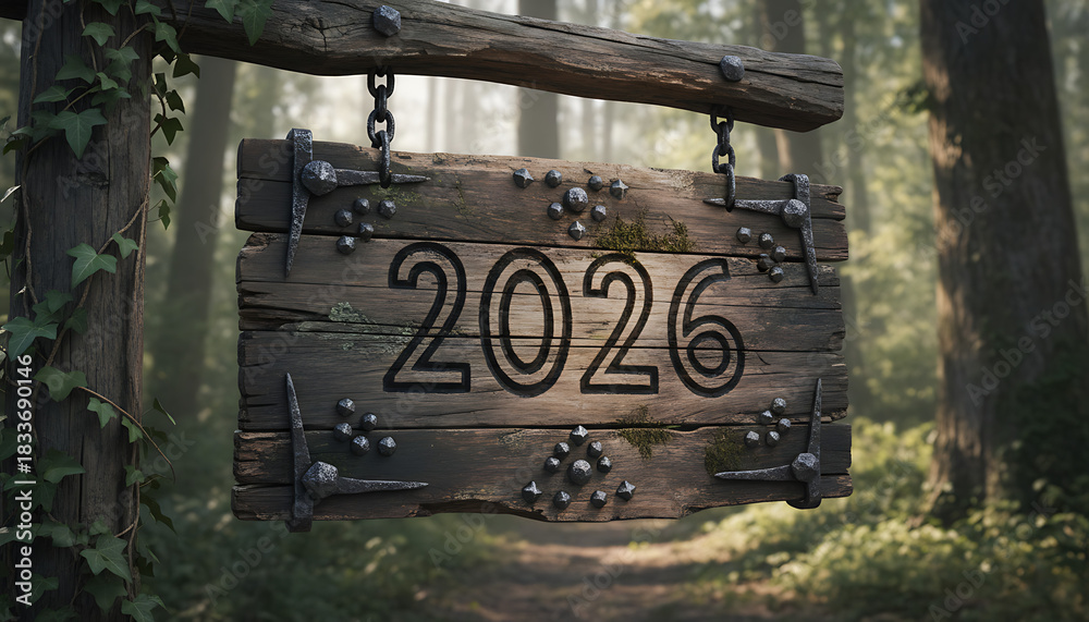 Obraz premium Welcome 2026 rustic woodland sign, new beginnings concept in the forest landscape