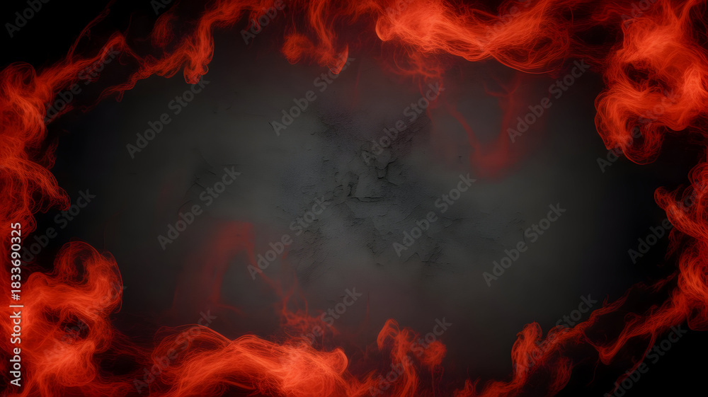 Fototapeta premium Vibrant red fiery frame illustration encircling a dark smoky void creating an intense abstract background