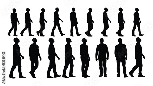 Walking and standing men silhouettes isolated on white background, Vector