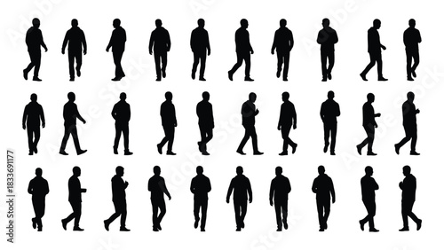 Multiple men walking silhouettes isolated on white background, Vector