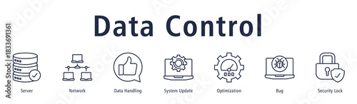 Data Control banner with icons of Server, Network, Data Handling, System Update, Optimization, Bug and Security Lock.