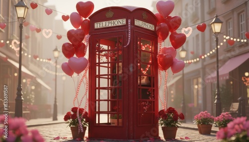 Vintage Red Phone Booth Decorated for Valentine’s Day