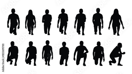People silhouettes in kneeling and crouching poses isolated on white background, Vector