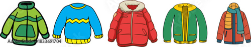 Collection of colorful winter jackets row