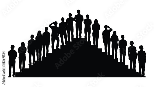 Group of people silhouettes on hierarchical steps isolated on white background, Vector