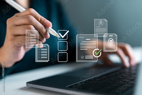 Business person using digital pen and laptop with checklist and document icons, task management, digital approval, document workflow, productivity tools and paperless organization systems.