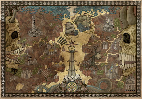 Colorful gothic fantasy map with skulls, unknown land, ships, compass and creatures. Pirate adventures, treasure hunt and old transportation concept. Hand drawn illustration