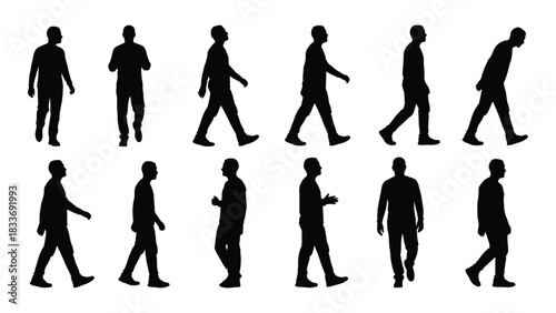 Men walking silhouettes collection isolated on white background, Vector