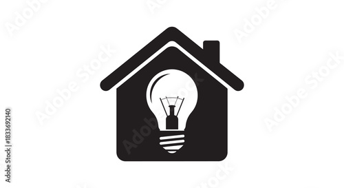 A black house shape contains a glowing lightbulb within representing home energy efficiency silhouette