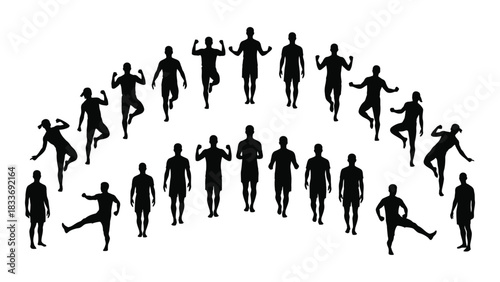 Dynamic group exercise silhouettes isolated on white background, Vector