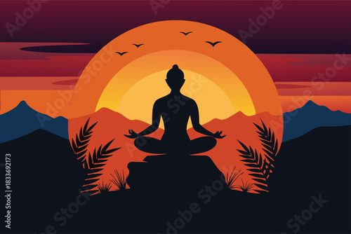 Find your inner peace with mindful meditation on a mountain at sunset, a stunning silhouette perfect for promoting wellness and relaxation retreats