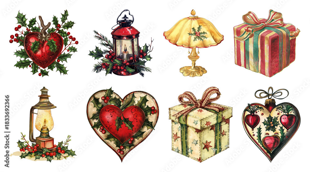 Fototapeta premium PNG Vintage festive holiday decorations collection, element set on transparent background