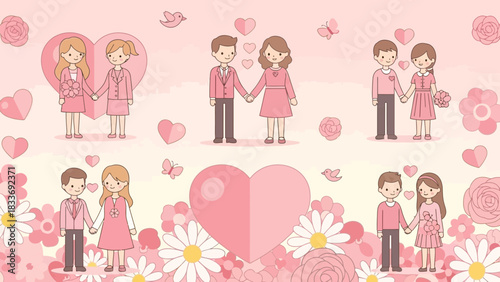 Charming couples celebrate love among hearts and flowers, perfect for Valentine's Day promotions or wedding-themed designs; a sweet, romantic illustration