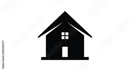 A simple black house icon with a peaked roof and doorway a graphic silhouette