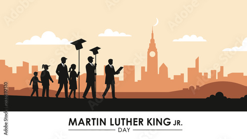 Inspiring Martin Luther King Jr. Day Illustration with Silhouette of Peaceful Protest Marching for Equality and Social Justice in Cityscape