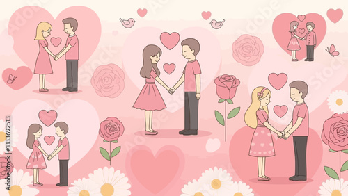 Romantic couples holding hands surrounded by hearts and roses, perfect for Valentine's Day designs, wedding invitations, or love themed projects, vector style