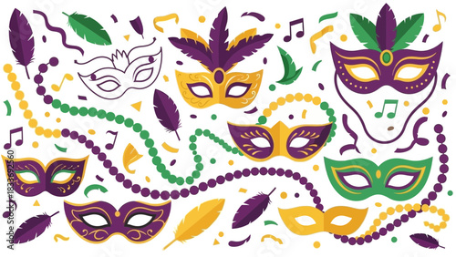Celebrate Mardi Gras with Vibrant Masks, Beads, and Feathers, a Festive Design Perfect for Parties, Invitations, and New Orleans Celebrations originally vector