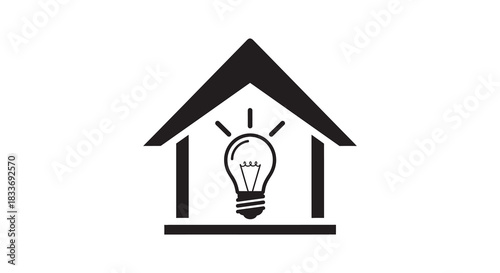 A simple black house shape with a glowing light bulb inside a striking silhouette