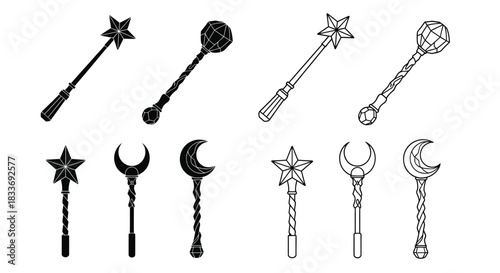 A collection of whimsical black and white magical objects and celestial symbols