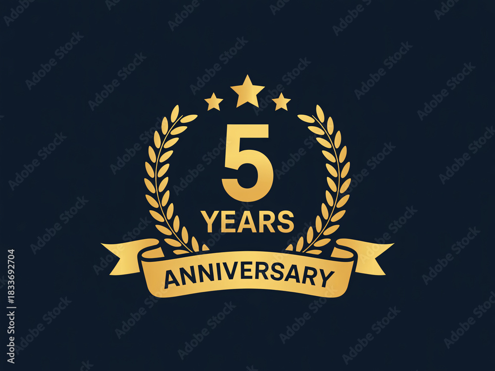 Naklejka premium 5 Years Anniversary golden laurel wreath with stars and ribbon.