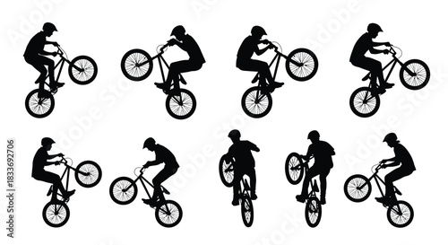 Silhouette cyclists in various biking poses showcasing dynamic movement and action