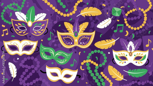 Celebrate Mardi Gras with vibrant festive masks, beads, and musical notes for a joyful carnival atmosphere, perfect for party invitations and event promotions