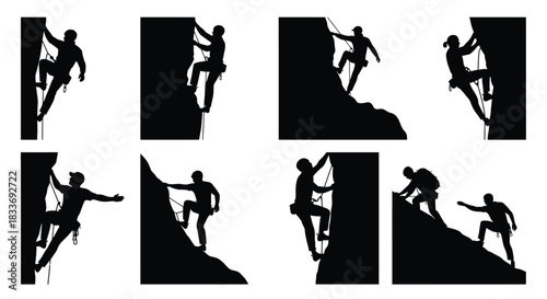 Silhouettes of rock climbers ascending various rock formations and cliff faces