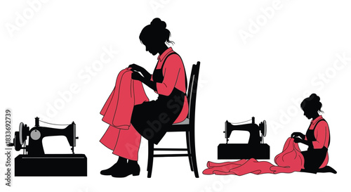 Silhouette of a woman sewing with a sewing machine and fabric nearby