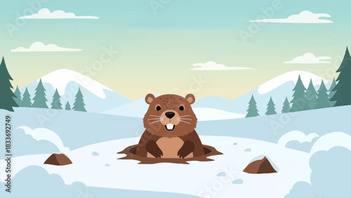 Charming groundhog emerging from burrow on Groundhog Day, forecasting the weather with a cute smile in a snowy winter wonderland landscape scene