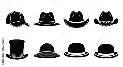 Variety of black silhouette hats including baseball caps fedoras and top hats