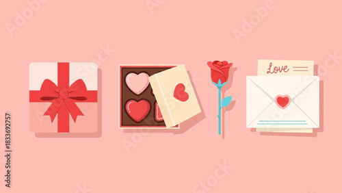 Share the Love: Gift Box, Heart Chocolates, Rose, and Love Letter Convey Romance, Affection, and Sweet Sentiments, Perfect for Valentine's Day