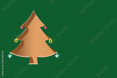 Brown Christmas Tree with Hanging Ornaments on Green Background – Vector Illustration
