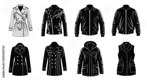 Diverse collection of fashionable outerwear coats jackets and vests displayed