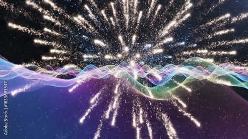 Abstract illustration of colorful wave patterns with sparkling particles on a dark background