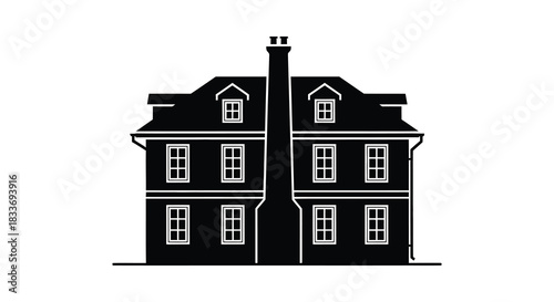a striking black silhouette of a classic two story house with windows and chimney silhouette