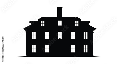 A detailed black building facade with chimneys and multiple windows a striking silhouette