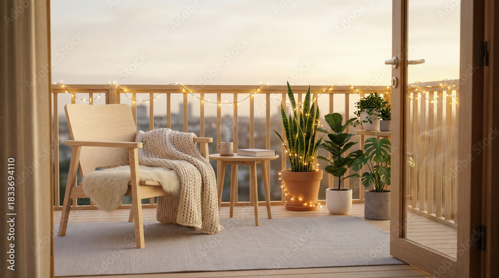 Obraz premium Cozy balcony with string lights, plants, and comfortable seating