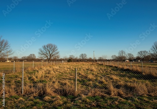 Vacant undeveloped plot of land with dry grass and weeds, surrounded by a wire fence, emphasizing isolation and investment opportunity ,environment ,horizontal ,outdoor